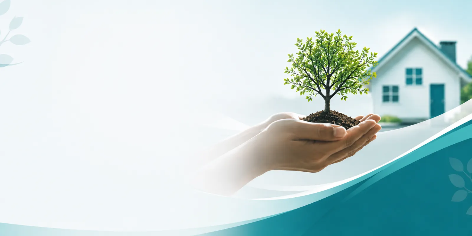 Hands cradling a young tree in front of a home — a place to belong, a life to thrive
