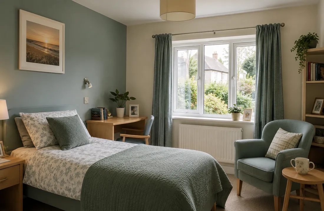 A calm single-occupancy bedroom in a New Roots supported-living home, with soft daylight and personal touches