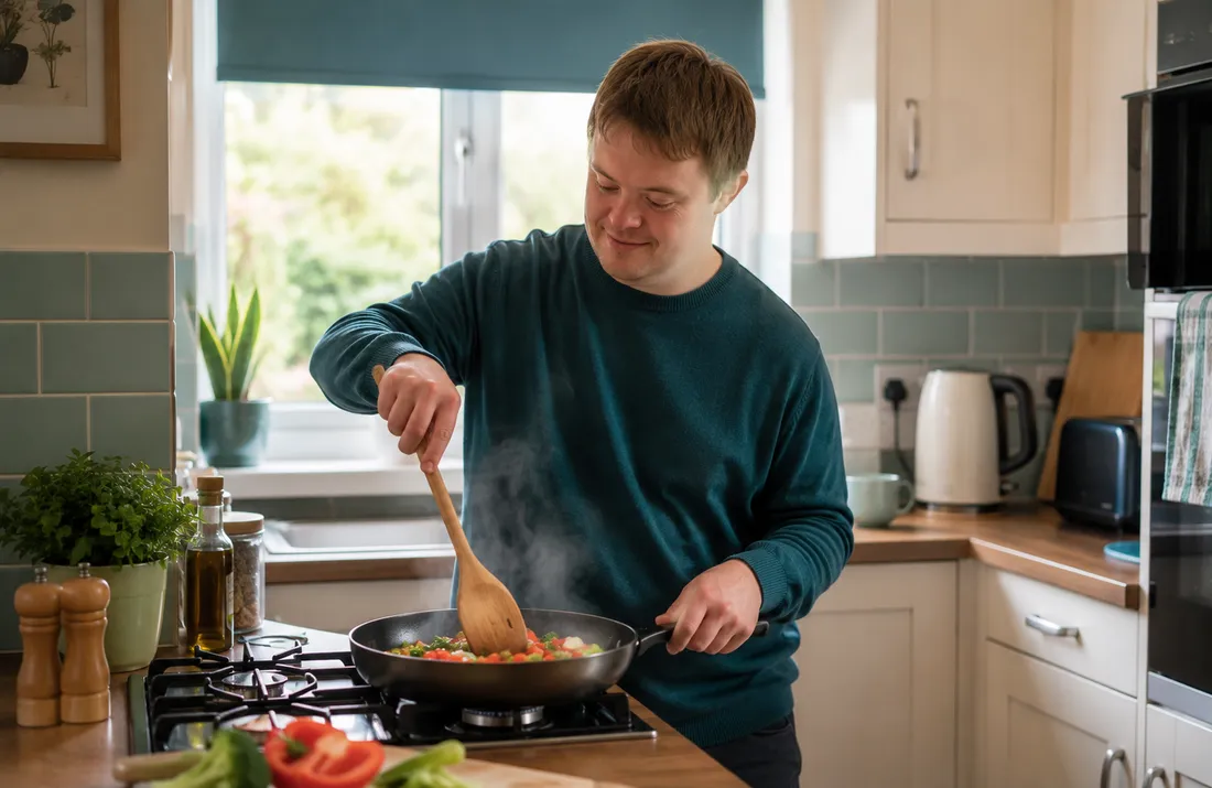 An adult confidently cooking a meal in a tidy home kitchen, building everyday living skills