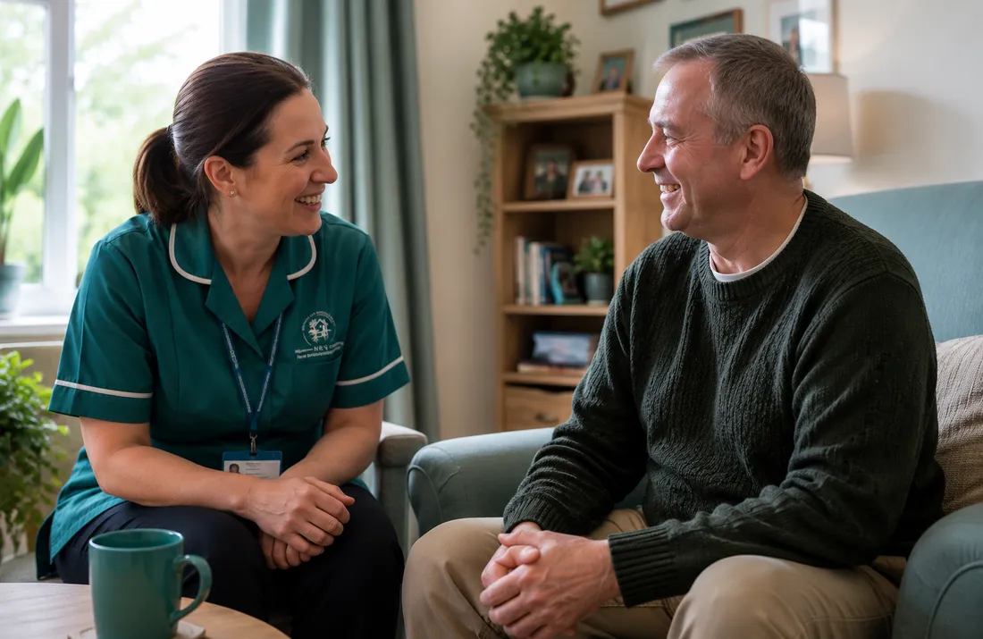 A New Roots support worker chatting warmly with an adult resident in a bright living room